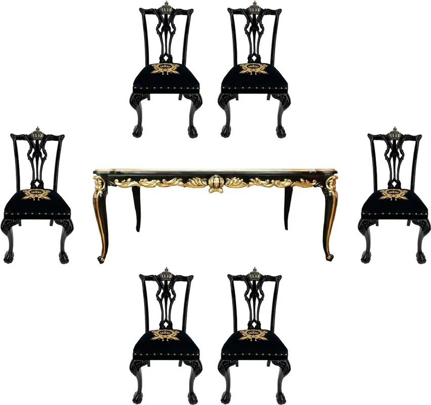 Nur Heute Pompöös de Casa Padrino Ensemble de Salle à Manger Baroque de Luxe Noir / Or - Pompöös Table à Manger avec Plateau en Verre et 6 Chaises de Salle à Manger par Harald Glööckler