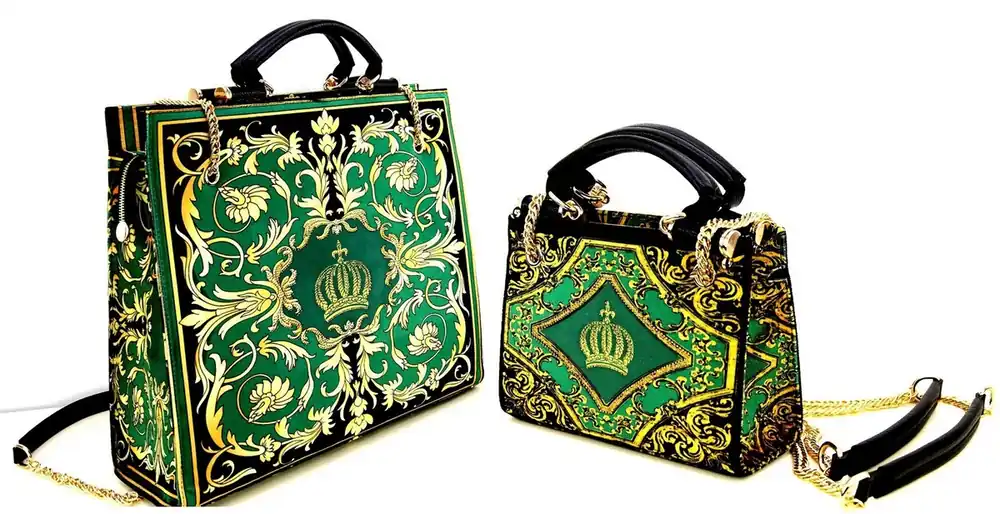 Pompöös by Casa Padrino Ensemble de Sacs à Main pour Femmes de Luxe Fleurs Baroques avec Couronne et Strass Vert / Noir / Or - Sacs à main pour femmes conçus par Harald Glööckler Sonderaktion