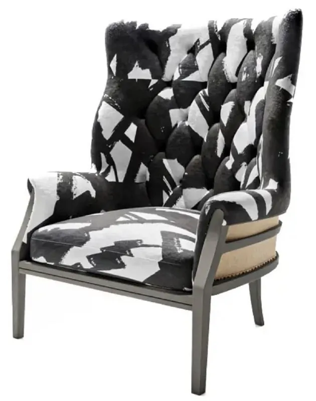 Casa Padrino fauteuil de luxe en velours noir / blanc / naturel 75 x 70 x H. 110 cm - Fauteuil de salon - Fauteuil d'hôtel - Meuble de salon - Meuble d'hôtel - Meuble de luxe Finale Aktion