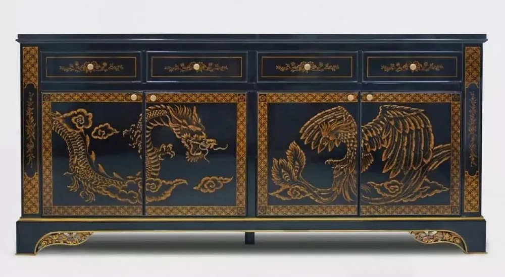Casa Padrino buffet baroque de luxe de style chinois noir / or - Cabinet en bois massif de style baroque avec 4 tiroirs et 4 portes - Meuble de salle à manger de luxe de style baroque Preisknaller