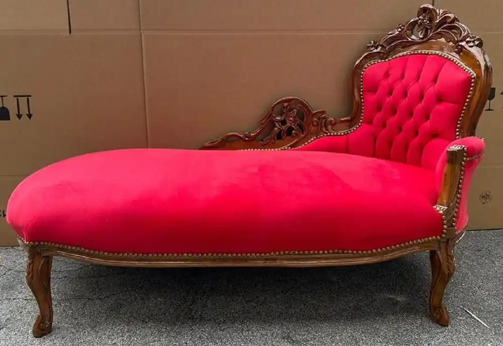 Casa Padrino chaise longue baroque côté droit rouge / marron - Recamier en bois massif fait main - Meuble de salon baroque - Noble & Magnifique Markenprodukt