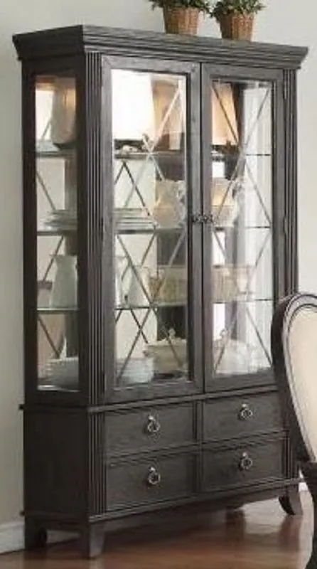 Casa Padrino vitrine de style campagnard de luxe avec éclairage LED noir 124 x 57 x H. 177 cm - Vitrine lumineuse en bois massif avec 2 portes vitrées et 4 tiroirs - Meubles style campagnard Nur Für Kurze Zeit