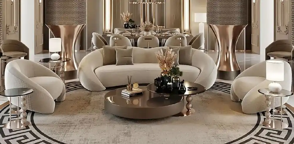 Neuheit Casa Padrino Ensemble de Salon de Luxe Gris Clair / Cuivre / Noir - 2 Canapés de Luxe & 2 Fauteuils de Luxe & 1 Table Basse de Luxe & 2 Tables d'Appoint de Luxe - Meubles de Salon de Luxe