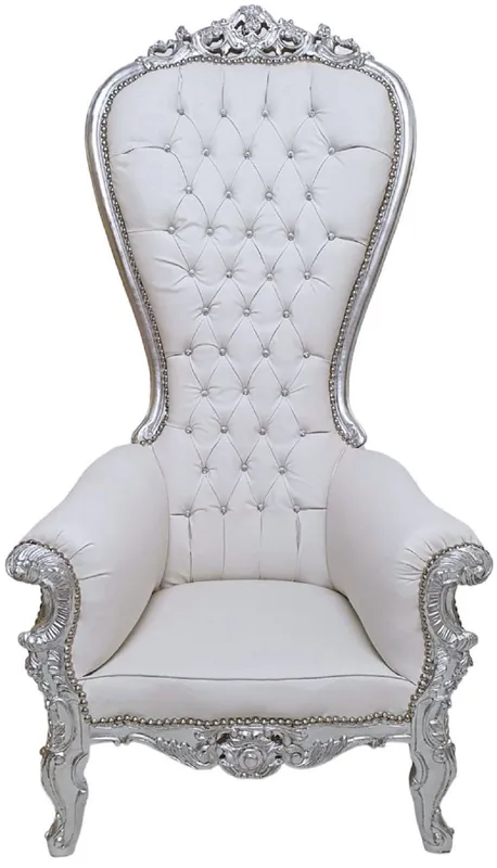 Casa Padrino fauteuil trône baroque avec cuir artificiel et strass blanc / argent - Fauteuil royal fait main - Magnifique fauteuil de mariage - Fauteuil baroque géant - Meuble baroque Neuheit