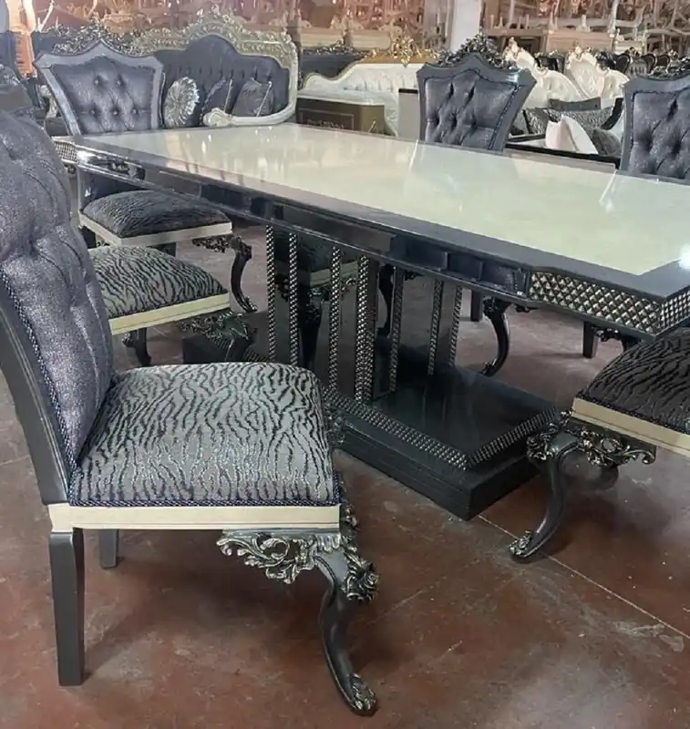 Casa Padrino ensemble de salle à manger baroque de luxe crème / bleu / gris - 1 Table à Manger Baroque & 6 Chaises à Manger Baroques - Meuble de salle à manger de luxe de style baroque Preiswert