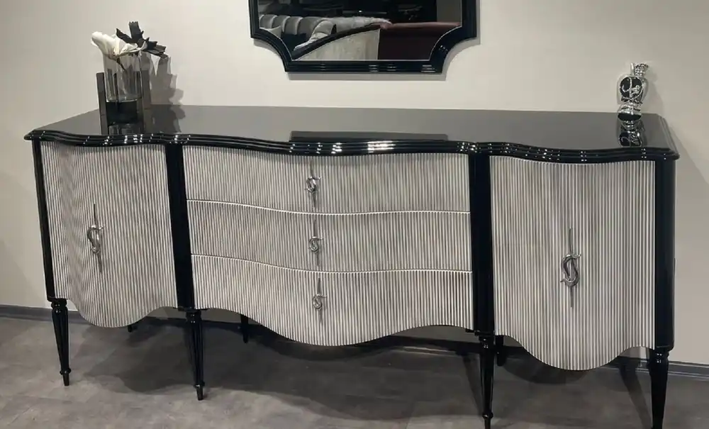 Casa Padrino buffet baroque de luxe noir / gris / argent - Cabinet en bois massif de style baroque avec 2 portes et 3 tiroirs - Meuble de luxe de style baroque - Meuble baroque Sichere Zahlung
