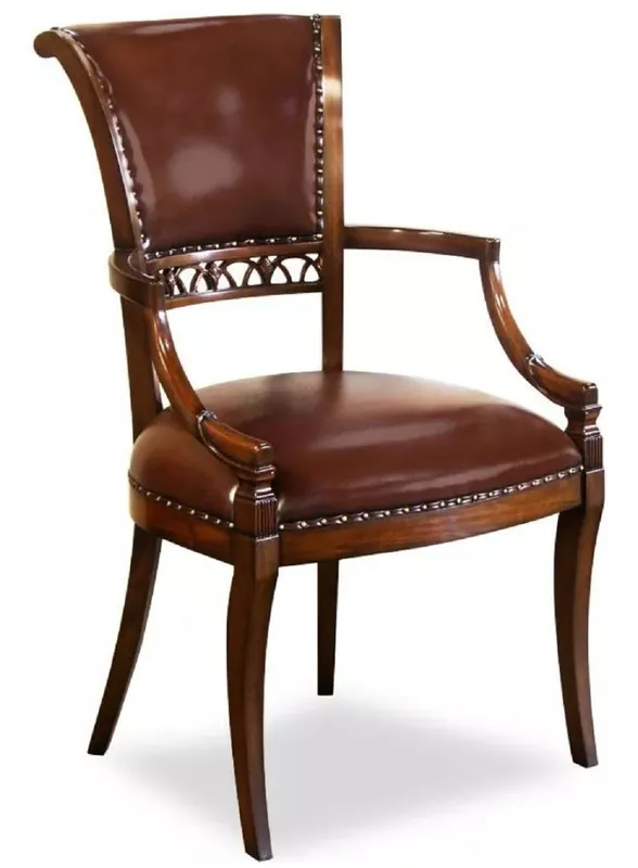 Casa Padrino chaise de salle à manger Art Déco de luxe en cuir avec accoudoirs marron foncé - Chaise de cuisine en bois massif avec cuir véritable - Meubles de Salle à Manger Art Déco en Cuir Begrenztes Angebot