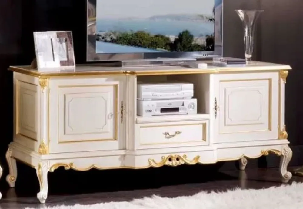 Ausverkauf Casa Padrino armoire TV baroque de luxe blanc / or - Buffet fait main en bois massif avec 2 portes et tiroir - Mobilier de salon baroque - Qualité de Luxe - Fabriqué en Italie