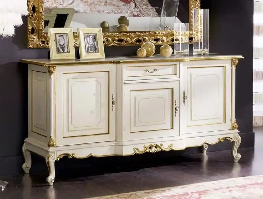 Expressversand Casa Padrino buffet baroque de luxe blanc / or - Armoire en bois massif fait main avec 3 portes et tiroir - Meubles de luxe de style baroque - Qualité de luxe - Fabriqué en Italie