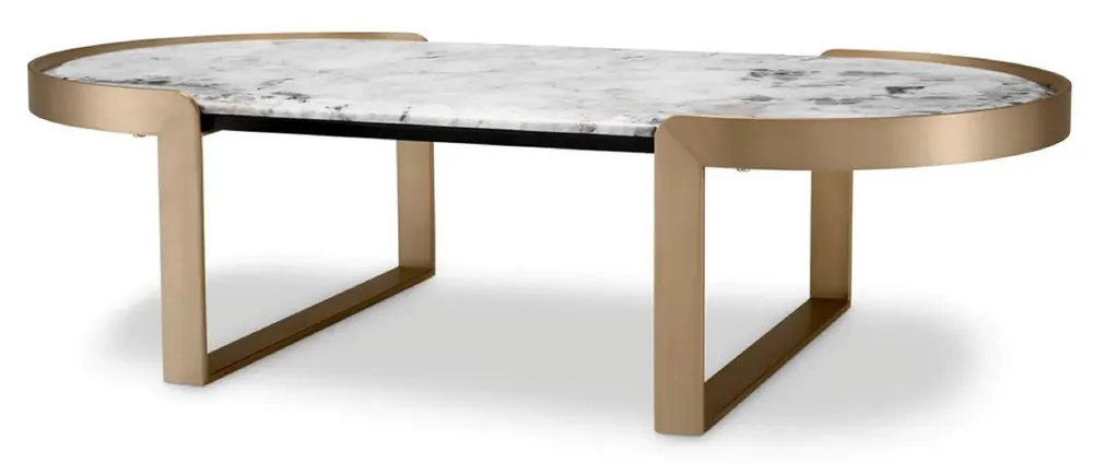 Saisonangebot Casa Padrino table basse de luxe laiton / blanc 120 x 60,5 x H. 32,5 cm - Table de salon ovale avec plateau en marbre - Meuble de salon - Meuble de luxe - Collection de luxe