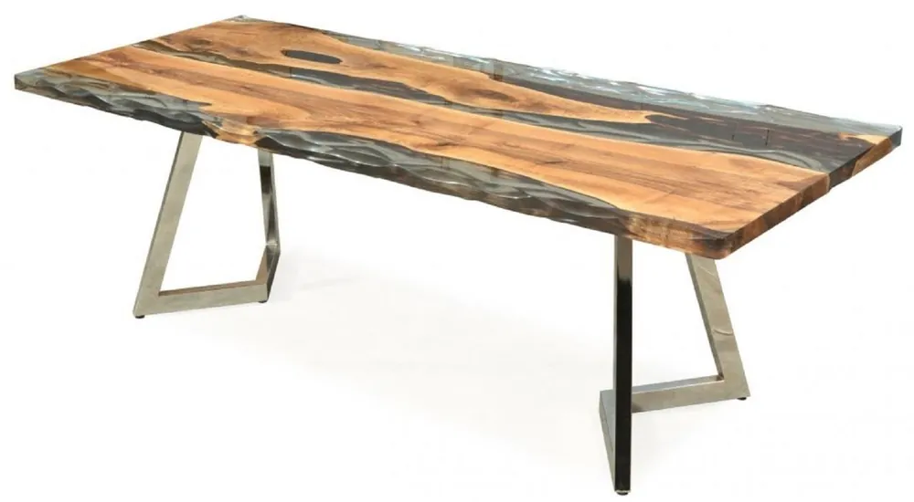 Expressversand Casa Padrino table à manger de luxe marron / argent 230 x 100 x H. 76 cm - Table de cuisine en résine époxy - Meubles de salle à manger - Meubles en résine époxy - Mobilier de luxe