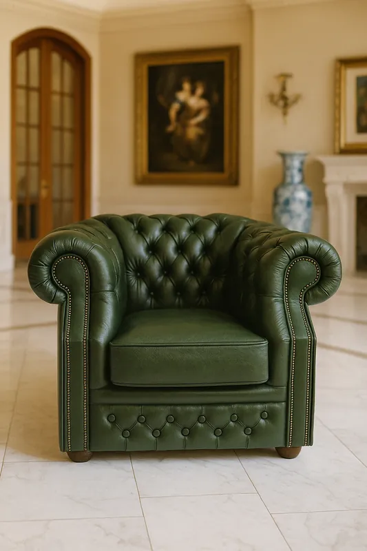 Casa Padrino fauteuil en cuir Chesterfield de luxe vert / marron foncé 110 x H. 85 cm - Fauteuil de salon en cuir véritable - Meubles en cuir véritable - Meubles de salon de luxe Solange Der Vorrat Reicht