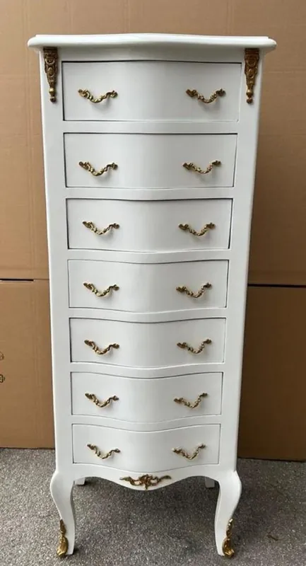 Sonderaktion Casa Padrino commode baroque avec 7 tiroirs blanc / laiton - Armoire fait main en bois massif de style baroque - Meuble de salon de style baroque - Meuble baroque
