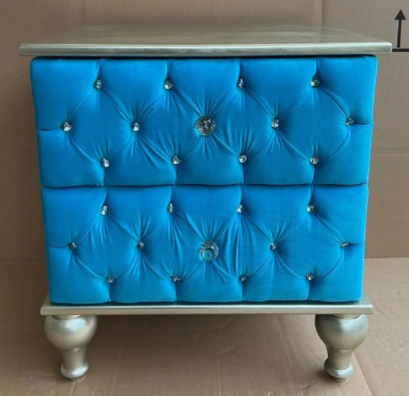 Casa Padrino table de chevet baroque avec 2 tiroirs et strass bleu clair / argent - Table de chevet style baroque - Mobilier baroque - Mobilier de chambre de style baroque Markenprodukt