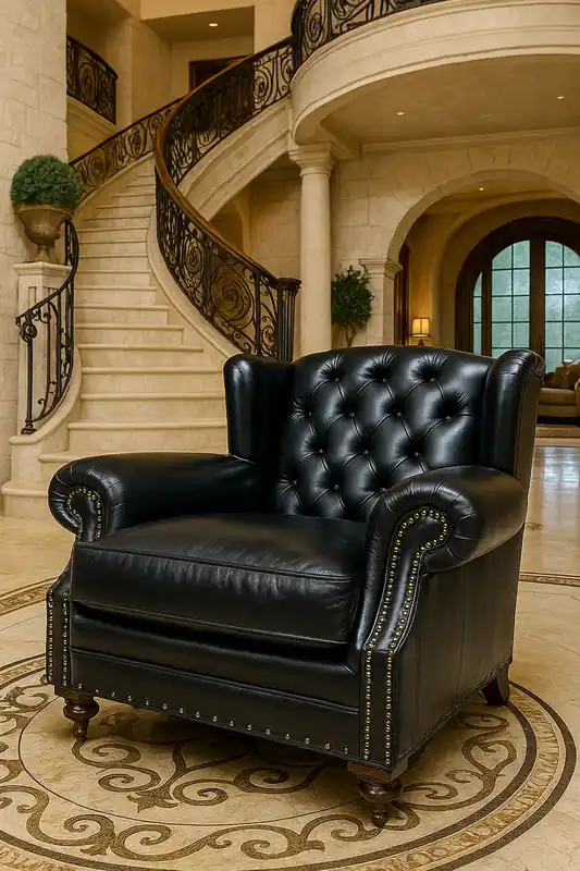 Knallerangebot Casa Padrino fauteuil à oreilles Chesterfield de luxe noir / marron foncé - Fauteuil de salon Chesterfield en cuir véritable - Meubles de salon Chesterfield en cuir - Meubles de luxe