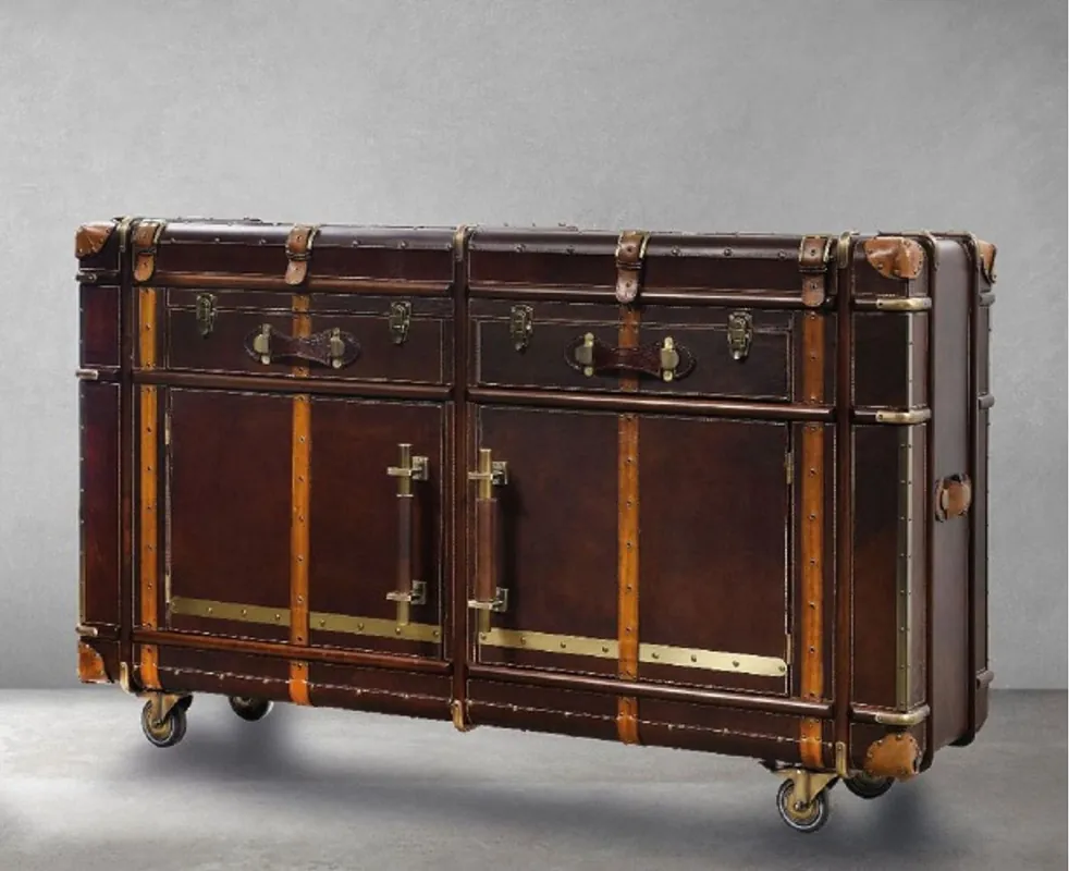 Casa Padrino console de luxe en cuir en aspect valise marron foncé / marron / laiton 166 x 47 x H. 90 cm - Console en cuir véritable - Meubles de luxe en cuir véritable aspect valise Top-Preis