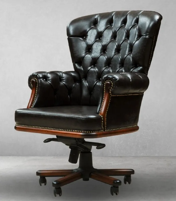 Preisreduziert Casa Padrino chaise de bureau Chesterfield de luxe noir vintage / marron 84 x 93 x H. 114 cm - Chaise de bureau réglable en hauteur en cuir artificiel - Meuble de bureau Chesterfield de luxe