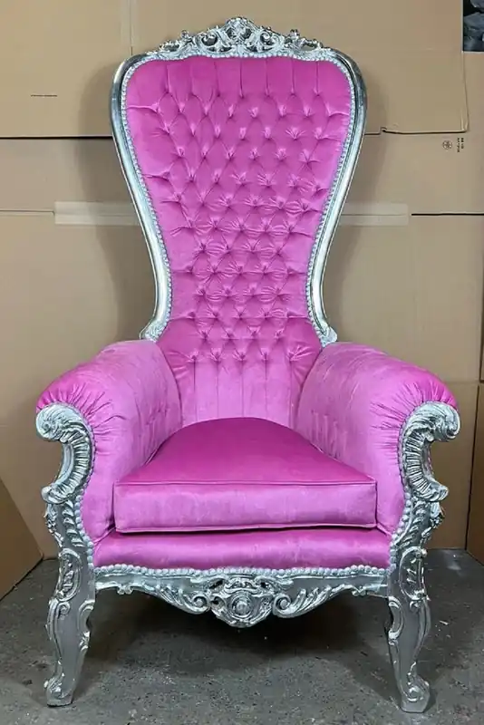 Casa Padrino fauteuil trône baroque avec tissu velours rose / argent - Magnifique fauteuil royal - Fauteuil de mariage fait main - Fauteuil baroque géant - Meuble baroque Kracherpreis