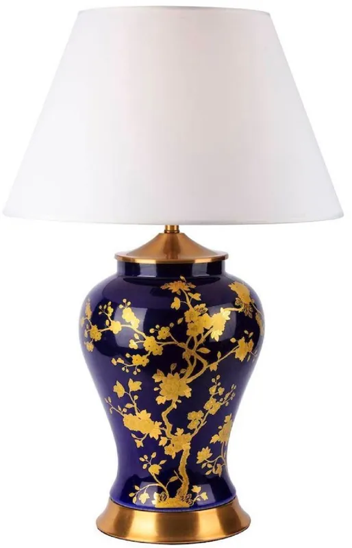Zertifiziert Casa Padrino lampe de table de luxe en céramique bleu / or / blanc Ø 42 x H. 72 cm - Lampe de bureau ronde en céramique avec abat-jour - Luminaires de luxe en céramique