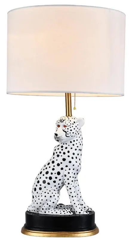Casa Padrino lampe de table de luxe en céramique puma chat blanc / noir / or Ø 38 x H. 72 cm - Lampe de bureau en céramique avec abat-jour rond - Luminaires de luxe en céramique Preisknaller