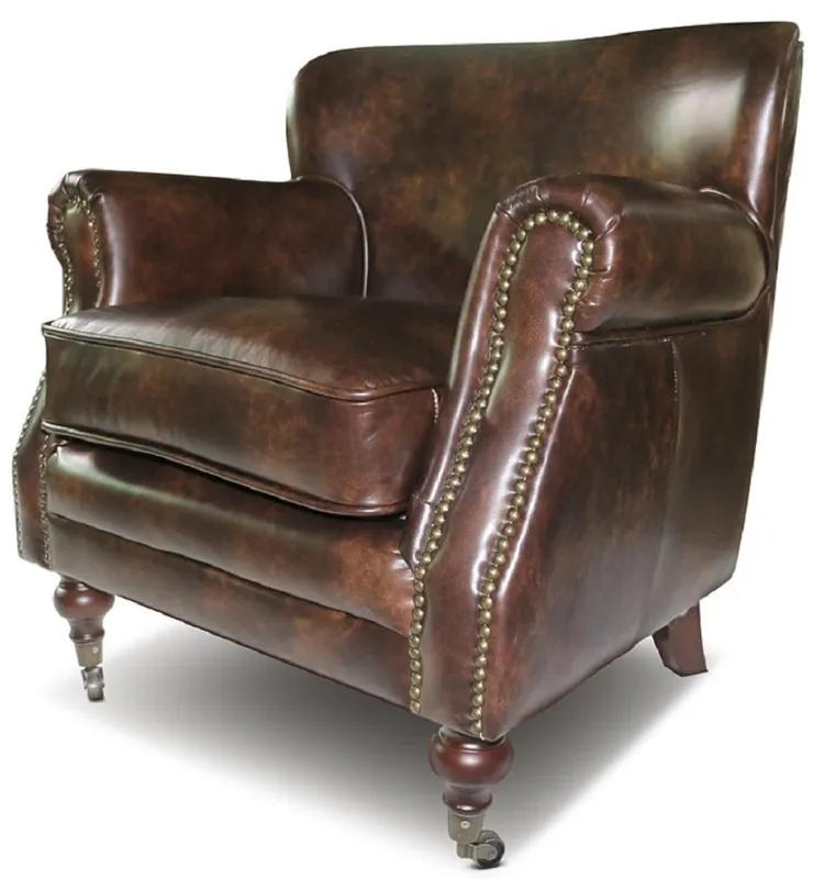 Markenware Casa Padrino fauteuil en cuir véritable marron 69 x 70 x H. 75 cm - Fauteuil élégant de salon en cuir - Meubles de salon - Meubles en cuir véritable