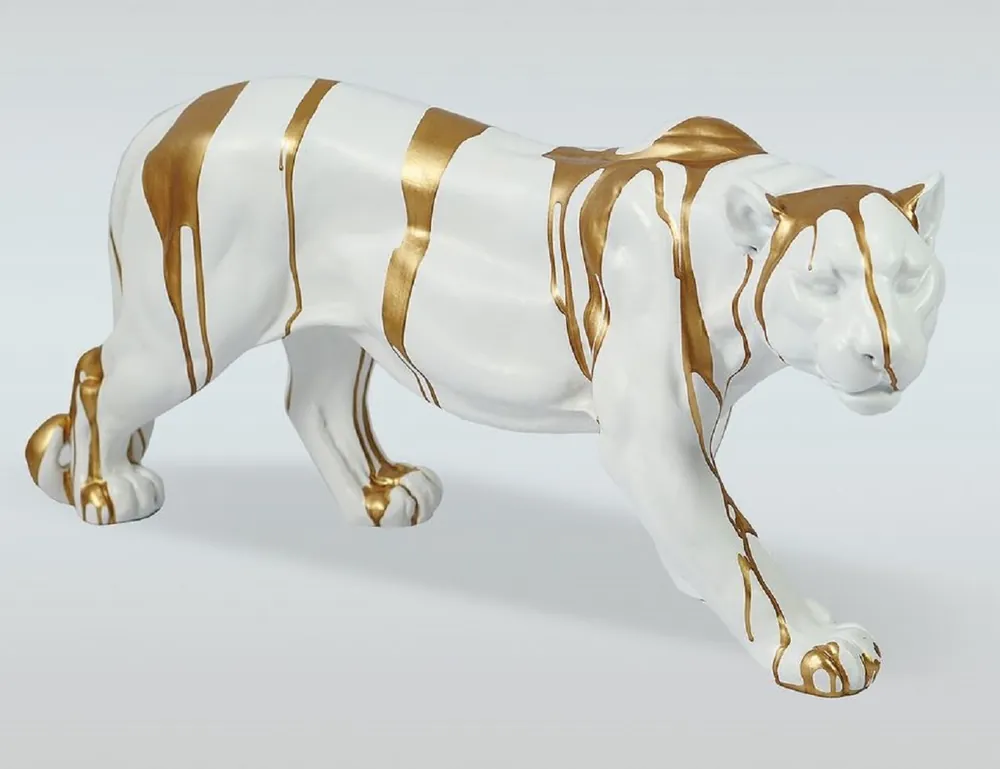 Casa Padrino sculpture décorative XXL de luxe panthère blanc / or 160 x H. 72 cm - Grande figure décorative - Déco de salon XXL - Déco de jardin XXL Geprüft