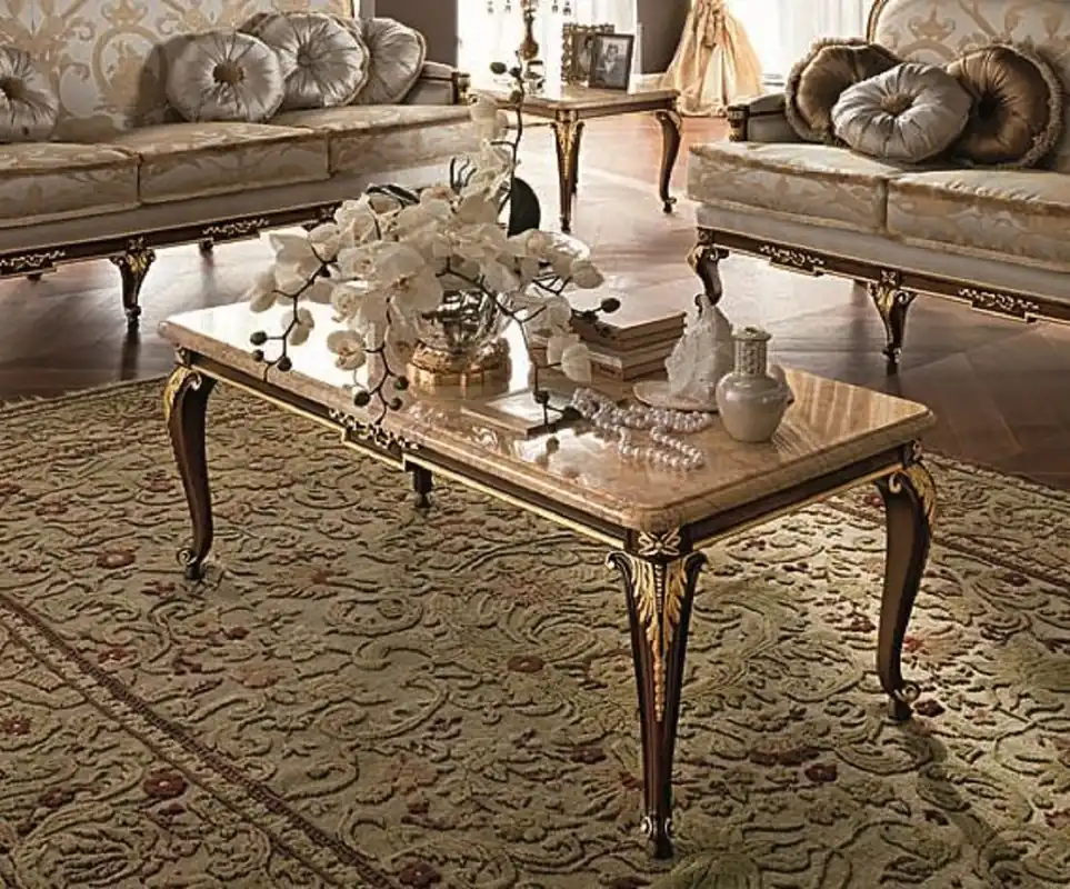 Abverkauf Casa Padrino table basse baroque de luxe avec plateau en marbre crème / marron foncé / or - Magnifique table de salon en bois massif de style baroque - Meuble Baroque - Fabriqué en Italie
