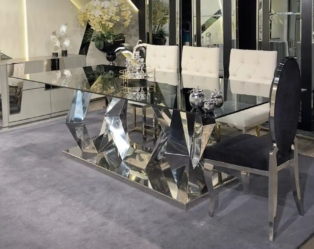 Geprüft Casa Padrino table à manger design de luxe argent 240 x 100 x H. 76 cm - Table de salle à manger rectangulaire en métal avec plateau en verre - Meuble de salle à manger - Meuble de luxe