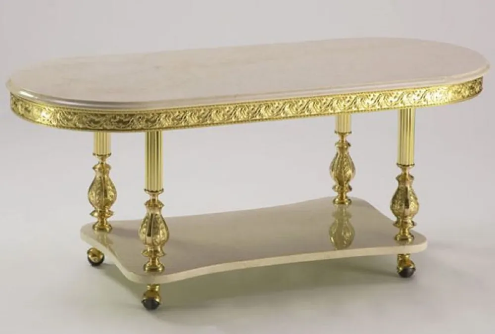 Casa Padrino table basse baroque de luxe crème / or 120 x 50 x H. 43 cm - Table de salon ovale de style baroque avec plateaux en marbre et roulettes - Mobilier baroque - Fabriqué en Italie Meistverkauft