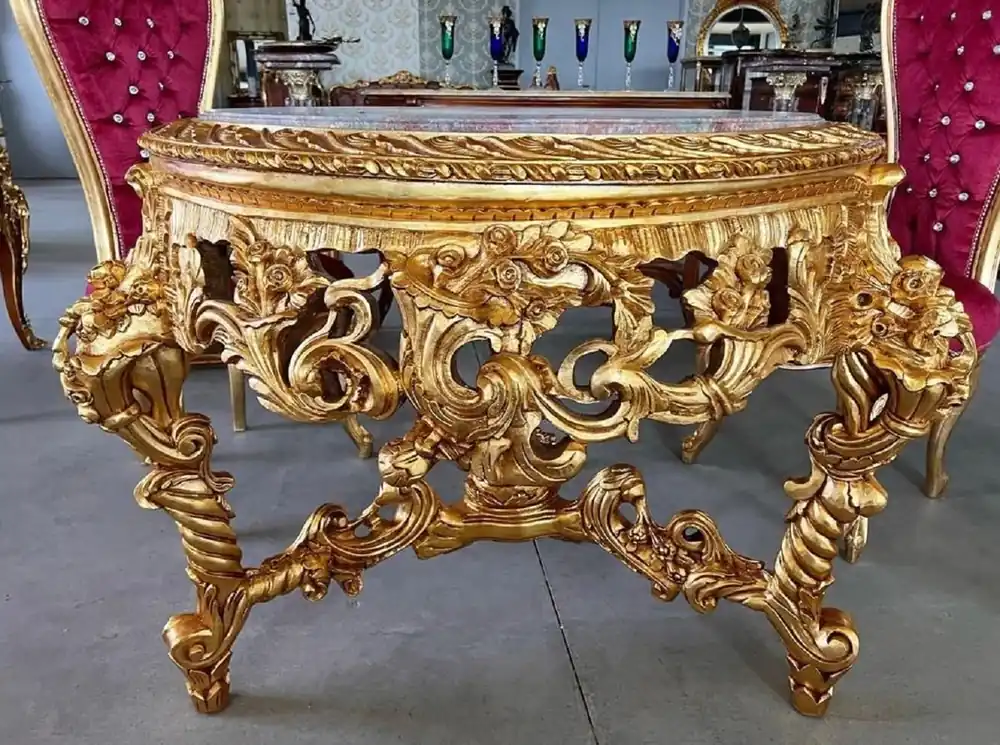 Casa Padrino table à manger baroque or / gris-marron - Table de salle à manger ronde en bois massif avec plateau en marbre - Meuble de salle à manger de style baroque - Meuble baroque Zertifiziert