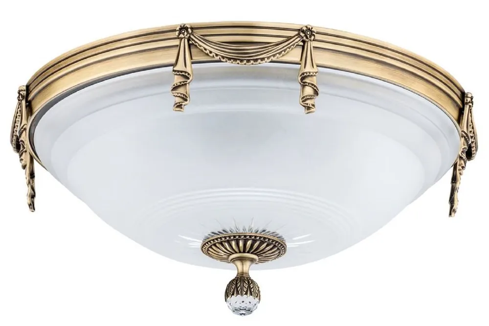 Casa Padrino lampe de couverture en cristal baroque de luxe laiton patiné / blanc Ø 40 x H. 25 cm - Lampe de couverture rond de salon de style baroque - Luminaires baroques - Meuble baroque Abverkauf