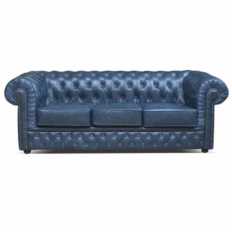 Neue Ware Casa Padrino canapé 3 places Chesterfield de luxe en cuir bleu vintage / noir 224 cm - Meubles en cuir