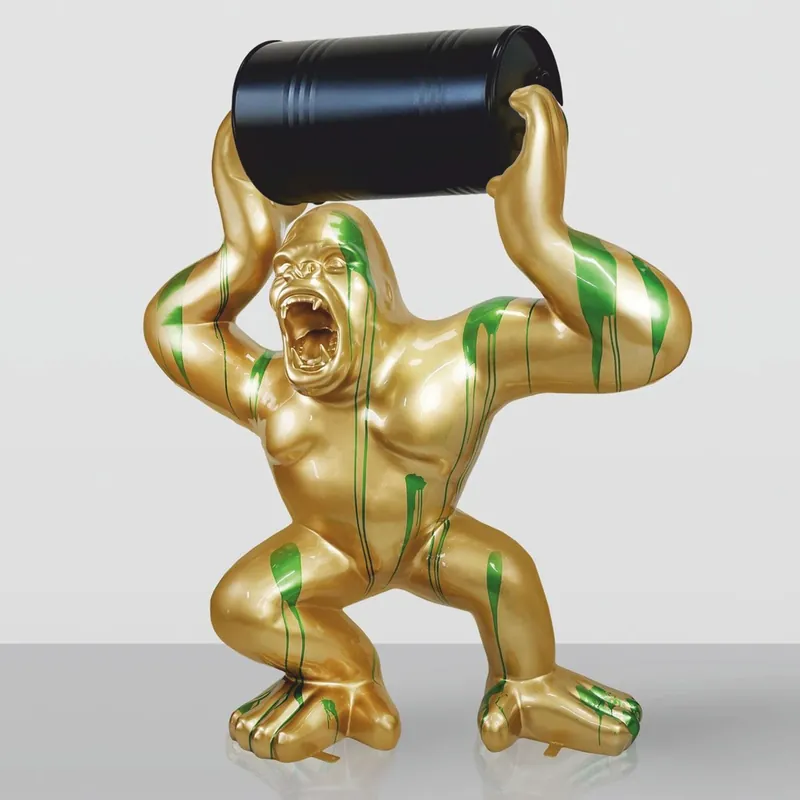 Top-Preis Casa Padrino sculpture décorative XXL gorille avec baril or / vert / noir H. 240 cm