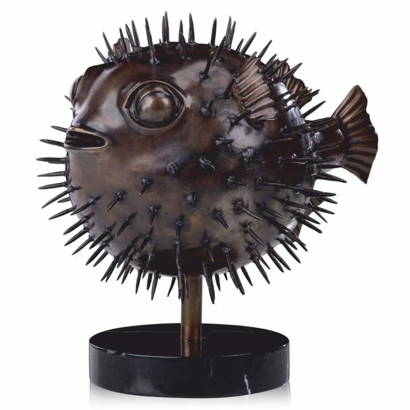 Casa Padrino Figurine Poisson Globe de Luxe en Bronze 36 cm - Sculpture Décorative avec Socle en Marbre Letzte Chance