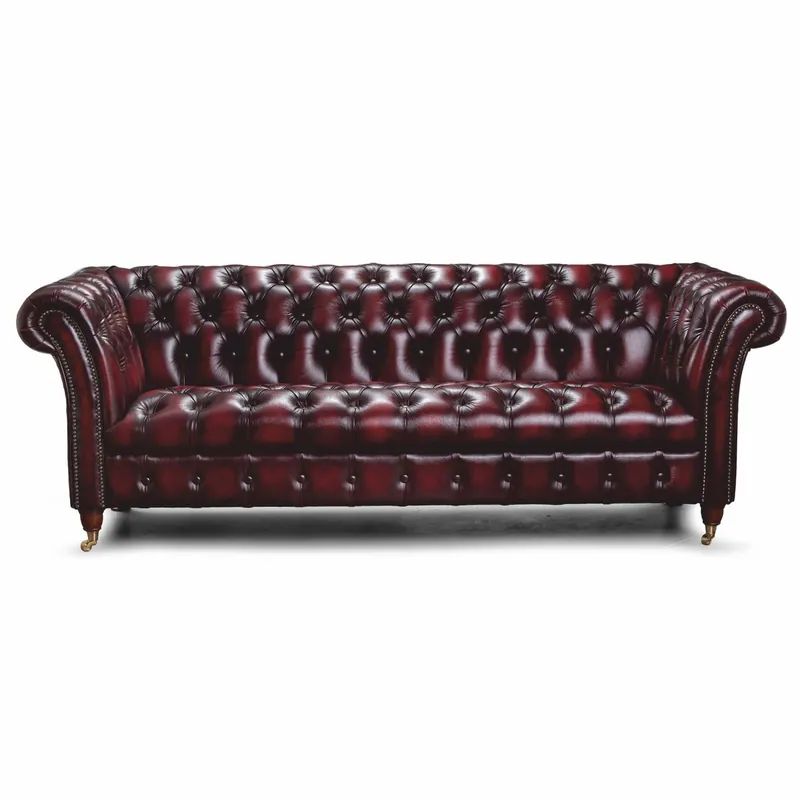 Markenprodukt Casa Padrino canapé 3 places Chesterfield de luxe en cuir rouge vin foncé / laiton 235 cm - Meubles en cuir