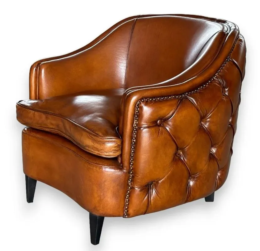 Casa Padrino fauteuil Chesterfield de luxe en cuir marron clair / noir - Meubles de salon en cuir véritable Wochenendangebot