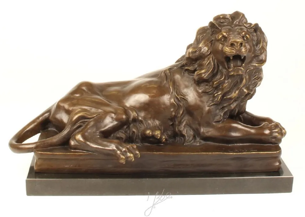 Solange Der Vorrat Reicht Casa Padrino Figura in bronzo di lusso con base in marmo leone sdraiato guardando a destra bronzo / grigio H. 38 cm - Qualità di Lusso