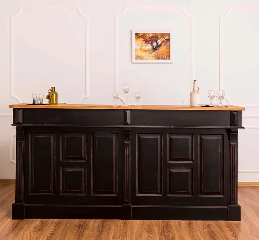 Casa Padrino bancone da bar stile country nero antico / naturale 240 x 65 x H. 107 cm - Bancone da Bar con Cassetti e Vani Portaoggetti Jetzt Bestellen