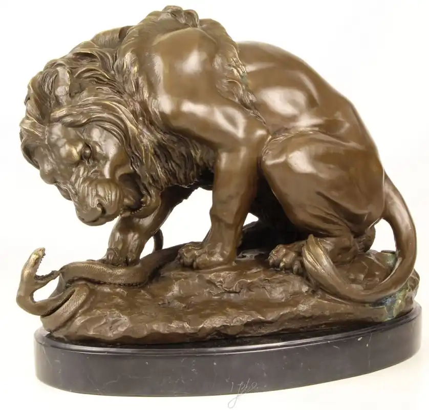 Casa Padrino scultura in bronzo di lusso leone con serpente su base di marmo bronzo / oro / nero 41 x H. 35 cm - Figura di Bronzo di Lusso Nur Für Kurze Zeit