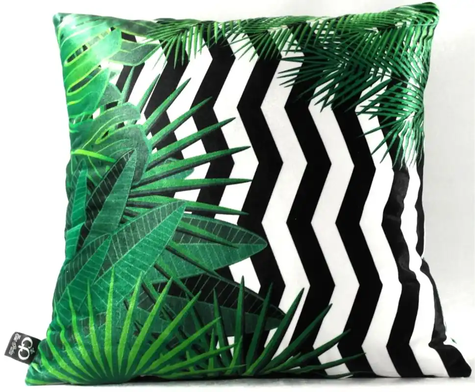 Casa Padrino Cuscino di Lusso Orlando Foglie di Palma Nero / Bianco / Verde 45 x 45 cm - Tessuto in Velluto Finissimo - Cuscino Decorativo del Soggiorno Geprüft