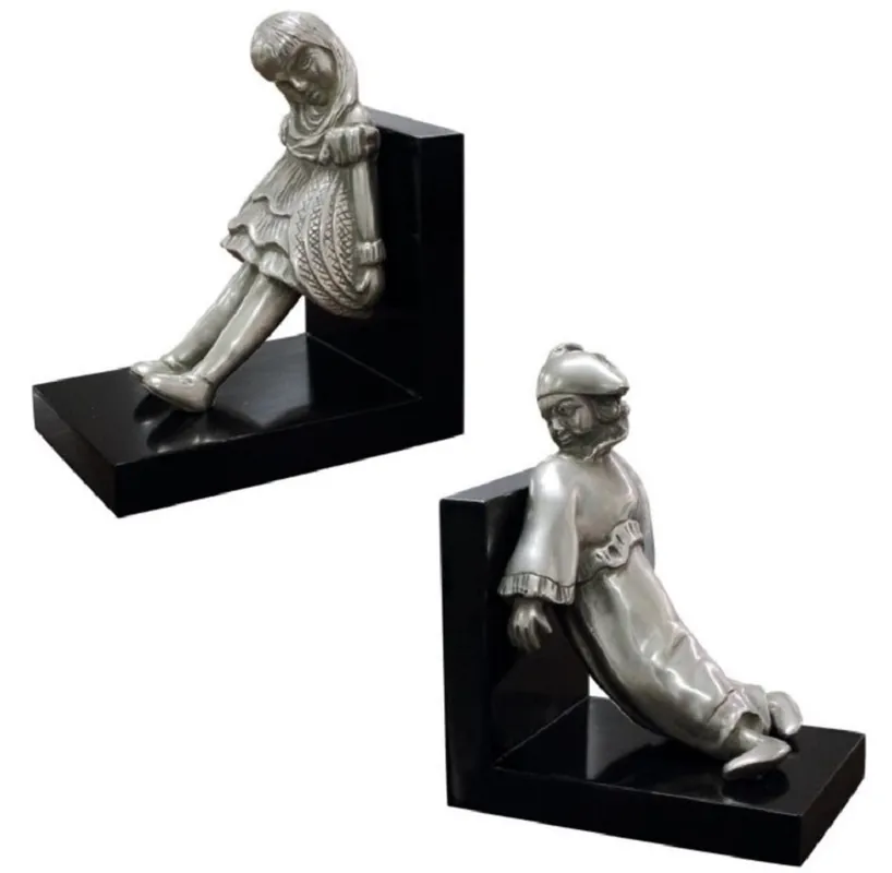 Expressversand Casa Padrino reggilibri di lusso set di ragazza e pagliaccio argento / nero 14 x 10 x H. 17 cm - Figure in Bronzo Argentato Decò con Base in Legno