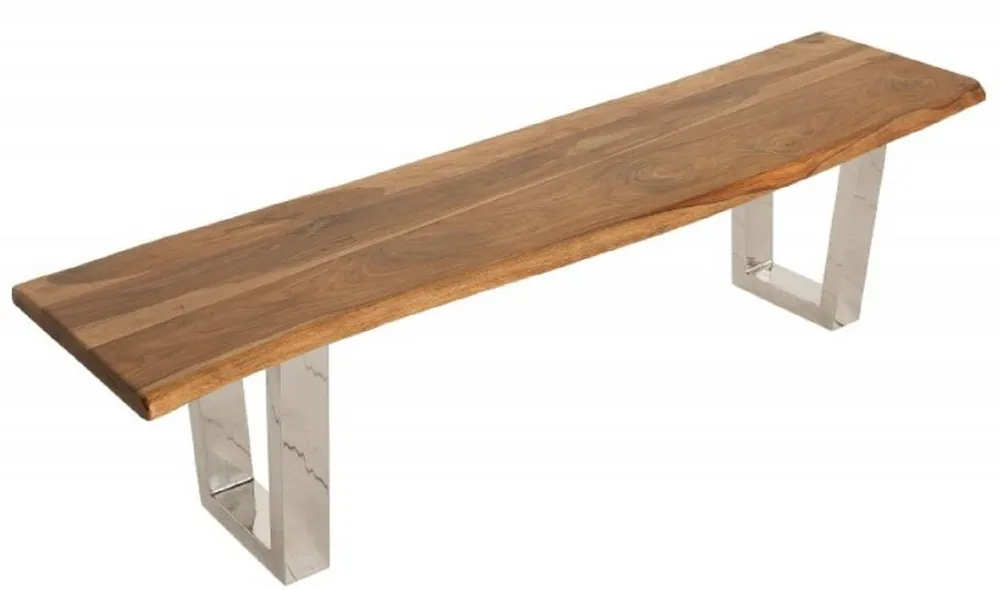 Knallerangebot Casa Padrino panca design marrone / argento 180 x 45 x H. 45 cm - Panca di Lusso con Legno Massello di Sheesham e Gambe in Acciaio Inox Lucidato