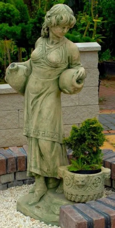 Casa Padrino Gargoyle Sculpture Art Nouveau Donna con Brocche e Vaso da Fiori Decorativo Verde / Beige 63 x 61 x H. 140 cm - Statua Garden Deco Statua in Pietra Highlight