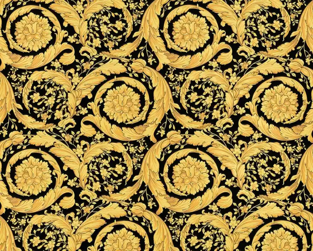 Aktuell Versace Carta da Parati in Raso Barocco Design Fiori di Barocco 935834 Nero / Giallo Oro - Carta da Parati Design - Accessori Deco