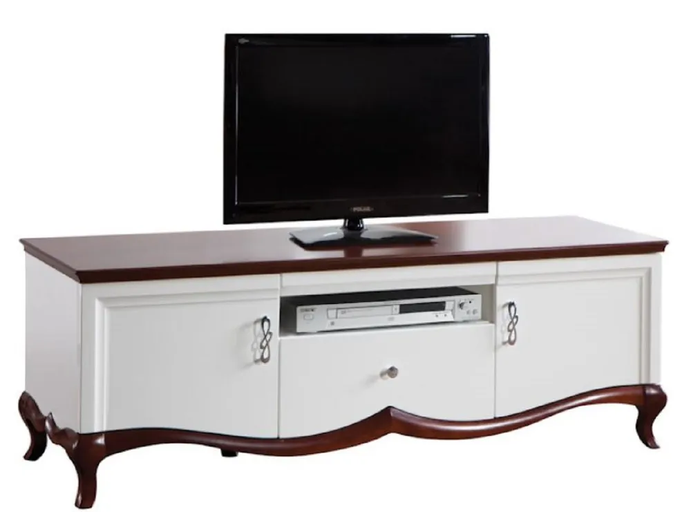 Abverkauf Casa Padrino Armadio Televisione Art Deco di Lusso con 2 Ante e Cassetto Bianco / Marrone Scuro 164,2 x 46,5 x H. 55,7 cm - Mobile TV - Mobili Soggiorno