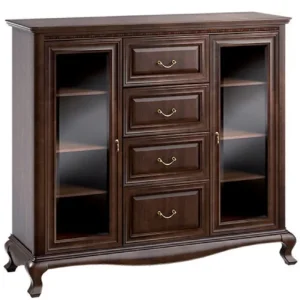Abverkauf Casa Padrino Armadio del Soggiorno Art Nouveau di Lusso Marrone Scuro 148,3 x 45,6 x H. 133,2 cm - Armadio in Legno Massello con 2 Porte a Vetro e 4 Cassetti