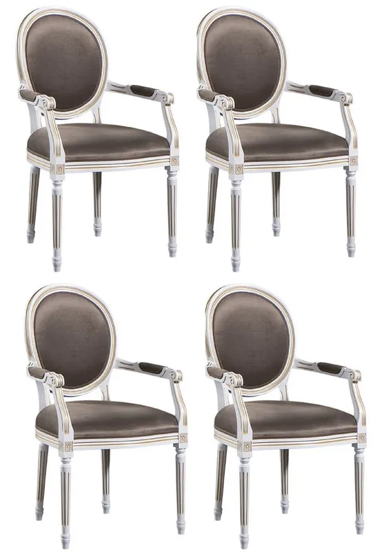 Casa Padrino Set di Sala da Pranzo Barocco di Lusso Bianco / Oro / Grigio 59 x 43,5 x H. 98 cm - 4 Sedie da Pranzo con Braccioli - Mobili da Sala da Pranzo Neuheit