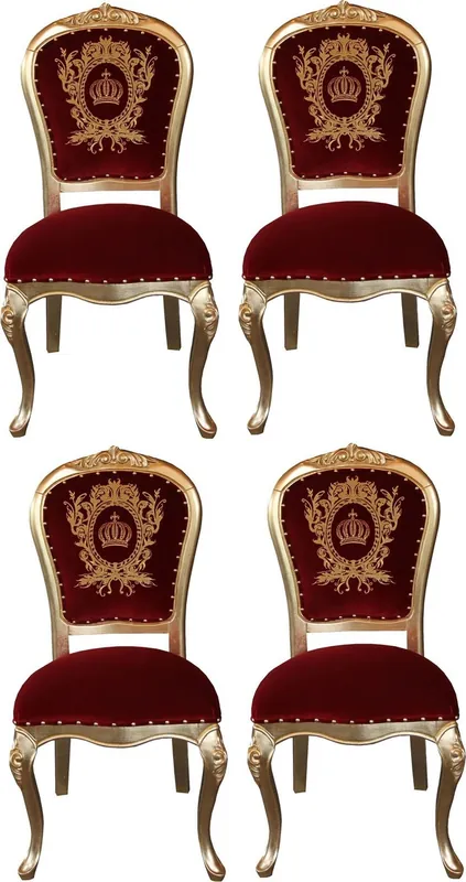 Must-Have Pompöös di Casa Padrino Sedie da Pranzo Barocco di Lusso con Corona Rosso Bordeaux / Oro - Sedie Barocche Pompöös Disegnate da Harald Glööckler - 4 Sedie da Pranzo