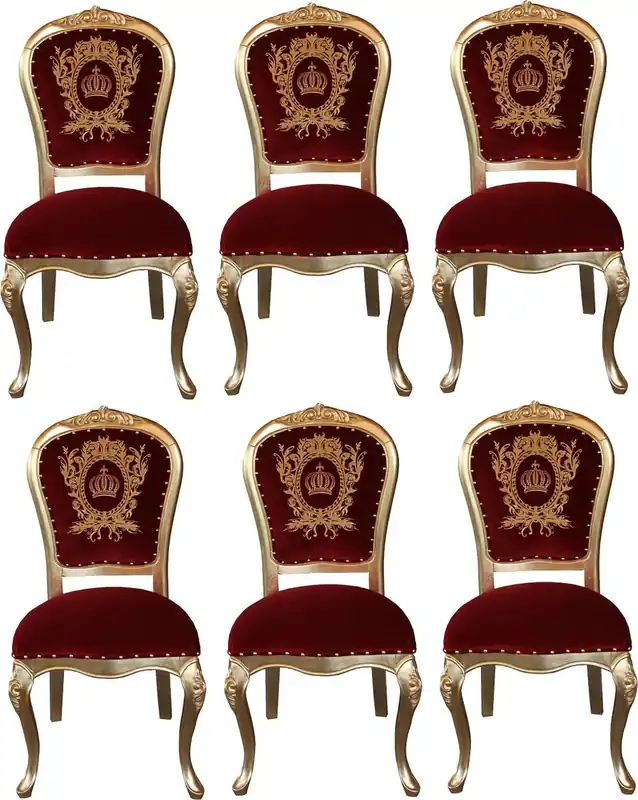 Bestseller Pompöös di Casa Padrino Sedie da Pranzo Barocco di Lusso con Corona Rosso Bordeaux / Oro - Sedie Barocche Pompöös Disegnate da Harald Glööckler - 6 Sedie da Pranzo
