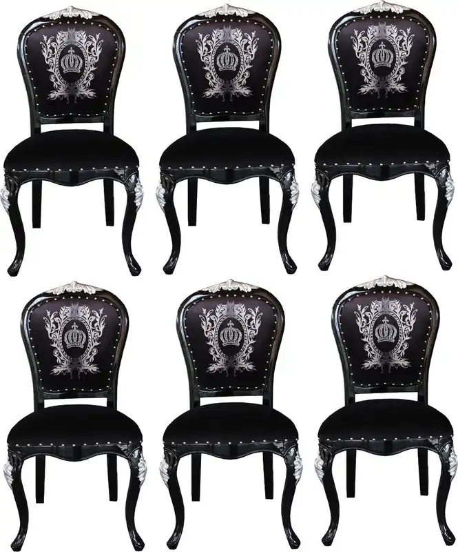 Top-Angebot Pompöös di Casa Padrino Sedie da Pranzo Barocco di Lusso con Corona Nero / Argento - Sedie Barocche Pompöös Disegnate da Harald Glööckler - 6 Sedie da Pranzo